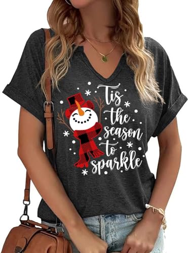 Earlymemb Womens Christmas Tis The Season to Sparkle Snowman V Neck Shirt Funny Buffalo Plaid Xmas Family Party Graphic Tee(L,X-Dark Grey)