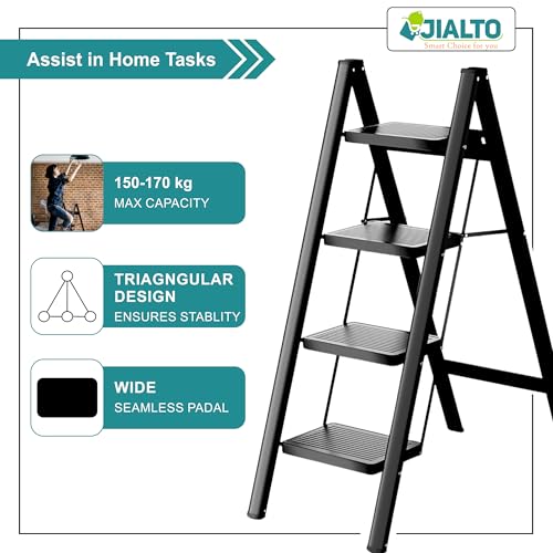 Image of JIALTO 4 Step Metal Ladder for Home, Foldable Lightweight Stepping Stool with Wide Pedals, Anti Slip Heavy Duty 150 Kg Capacity, Portable for Kitchen, Office & Library (Black)