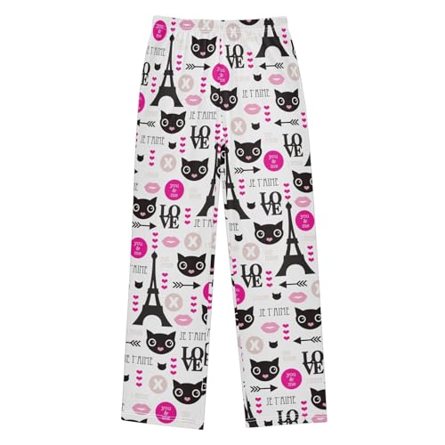 Black Cat Eiffel Tower Boys Long Pants Soft Trousers Elastic Waist Kids Lounge Bottoms with Pockets S-XL