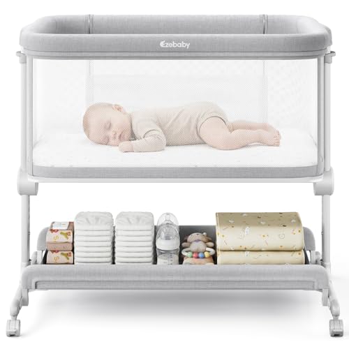 Image of Ezebaby Baby Bassinets Bedside Sleeper, Portable Bedside Bassinet for Baby Newborn Infants with Adjustable 7 Heights and All Mesh Sides, Newborn Crib with Mattress and Soft, Breathable Sheet | Baby bassinets