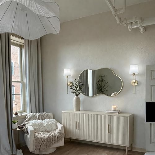 Image of Irregular Asymmetrical Wall Mirror 26x48 inch with Modern Aluminum Alloy Frame | Decorative Tempered Glass Gold Abstract Cloud Mirror for Bathroom, Bedroom, Living Room, Entryway, Cloakroom