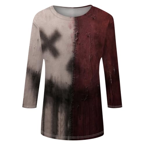 Image of Women Spooky Halloween Graphic Shirt 3 /4 Length Sleeve Crewneck Top | Halloween Funny Printed Pumpkin Plus Size Tshirts 2026 Fall Outfits Skeleton Tee Going Out Tops