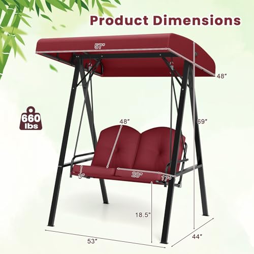 Image of Tangkula 2 Person Porch Swing, Patio Swing with Adjustable Canopy, Heavy-Duty Metal Frame & Soft Cushion, Outdoor Swing for Backyard, Garden (Wine)