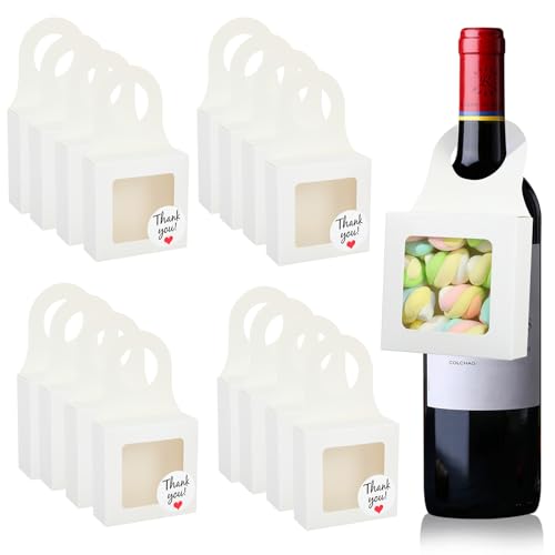 ISKYBOB 20PCS Wine Bottle Box with Window, Kraft Paper Wine Boxes for Gifts Hanging Treat Box with Thank You Stickers Champagne Bottles Boxes, White Square