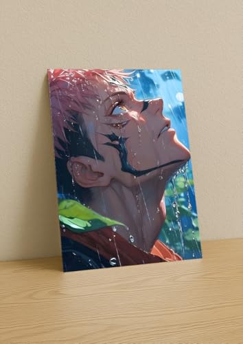 Image of NIJUKA Anime Printed A4 Size Metal sheet Poster For Home And Room Decoration | For Anime Art Fans Boys And Girls (Sukuna Side Face In Rain)