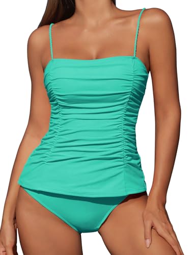 ZAFUL Womens Tankini Swimsuits 2025 Spaghetti Strap Two Pieces Ruched Top Tummy Control High Waisted Bottom Bathing Suits