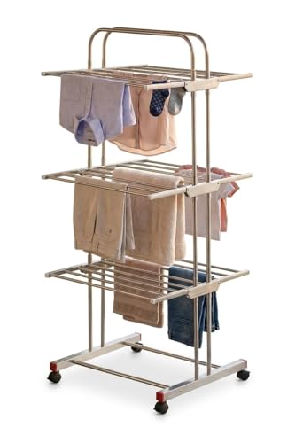 Image of Xmart India 304 Stainless Steel Foldable Clothes Drying Stand | 3 Layer Laundry Drying Rack with Wheels | Heavy Duty Cloth Dryer Stand for Balcony, Indoor & Outdoor (3 Layer Steel Cloth Drying Stand)