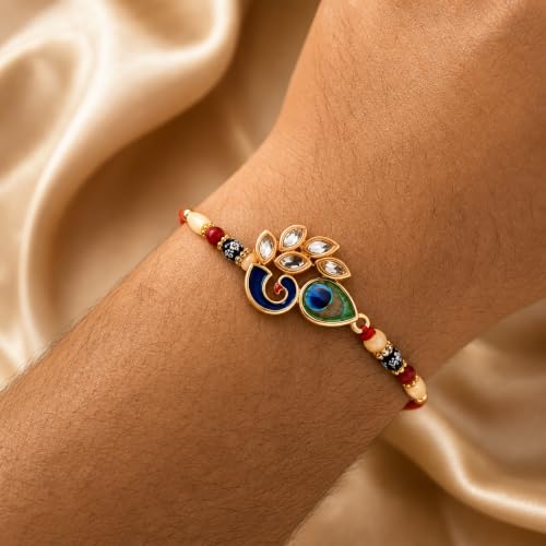 Image of Oblivion Rakhi Set for Brother - Designer Peacock Rakhi for Brother with Ganesh Ji Pooja Thali, Pooja Coin, Roli Chawal & Card | Gift Hamper for Raksha Bandhan
