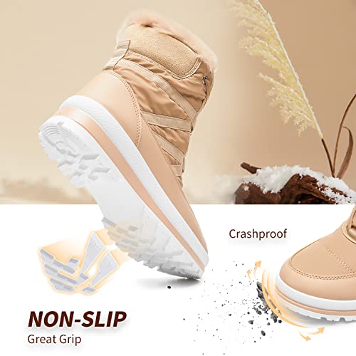 Babudog Womens Warm Fur Lined Mid-Calf Boots Waterproof Winter Snow Boots Non-Slip Lace Up Combat Boots(Apricot.us9) #TOP3
