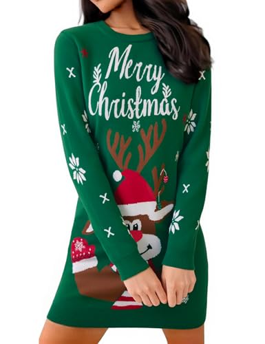 Gyabnw Strickkleid Damen Langarm Rundhals Schneeflocken Muster Bequemes Winterkleid für Alltag Partys Grün,L