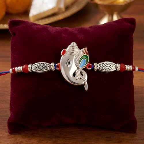 Image of TIED RIBBONS Rakhi for Brother - Premium Ganesh Silver Rakhi for Brother Men Bhaiya Kids Boys with Greeting Card & Tikka - Rakhi's for Rakshabandhan