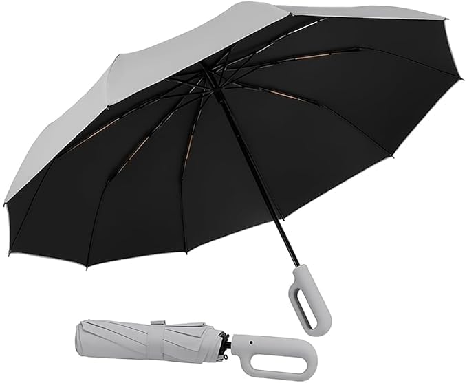 Image of LANBRELLA Portable & Folding Travel Umbrella, 3 Fold, Auto Open Close, Water Resistant, Windproof, with Carrying Handle (GREY)