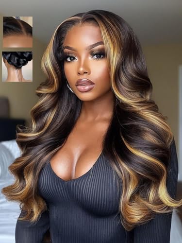 Image of Beauty Forever 7x5 Bye Bye Knots Loose Body Wave Dark Brown Wig with Face-Framing Highlights Bangs Glueless Wigs Human Hair Pre Plucked Pre Cut HD Lace Closure Ready to Go Wig 150% Density 18inch