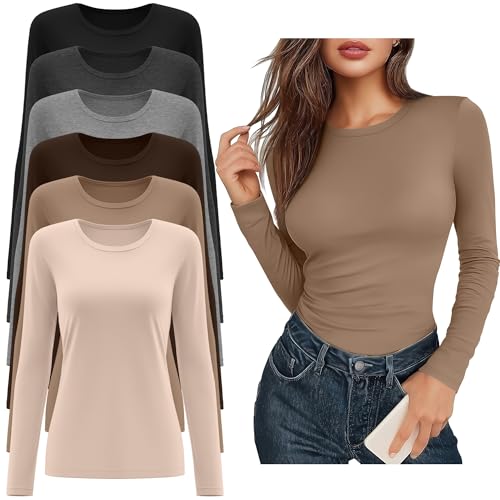 Riyiper 6 Pack Women's Long Sleeve Shirts Basic Slim Fitted