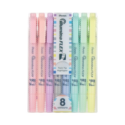 Pentel Illumina Flex Twin Tip Highlighter, Dual-Tip Marker Highlighter, Flex Tip and Chisel, 8 Asstorted Pastel Ink Colors, Pack of 8 (SLW11P-8E)