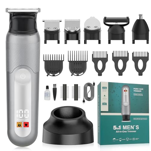 SUNNOW Electric 5-in-1 Body Hair Trimmer - Groin Trimmer for Men -Beard Trimmer for Men - Wet/Dry Shaver Groomer, Waterproof with LED Light, Gifts for Husband Father