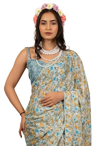 Image of MIRCHI FASHION Women Saree Floral Print Chiffon | Lightweight Festive Occasion Sari for Farewell and Functions with Unstitched Blouse Piece