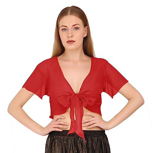 Image of Indian Trendy Women's Chiffon Short Sleeve Tie Top Choli Blouse Belly Dance Gypsy Tie Front Cardigan Tops