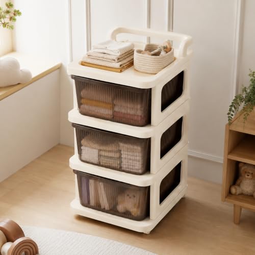 Image of Heavy Duty Plastic Storage Drawer with Wheels | Modular Cabinet for Bedroom, Office, Home or Classroom| Chest of Drawers Organiser for Cosmetics, Kitchen items, Toys (Brown, 3)