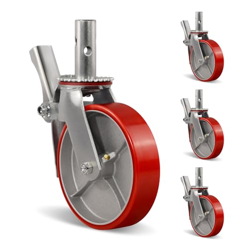 FOVERSWIVE 8x2 Scaffolding Wheels Set of 4 Load Capacity 4400 Lbs- Polyurethane on Steel Wheel Locking Stem Casters with Brake Replacement for Scaffold Shelves Workbench (4 Brake)