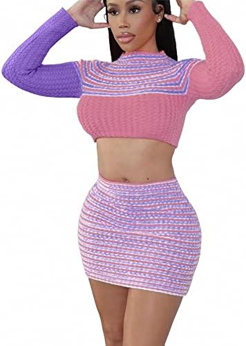 LAXiMU Women's 2 Piece Outfits Long Sleeve Splicing Leisure Stripe Suits Crop Top Bodycon Sweater Mini Skirt Set Pink