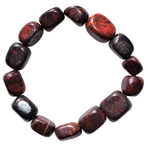 Zenergy Gems Charged Red Brecciated Jasper Crystal Bracelet Tumble Polished Stretchy + Selenite Charging Heart Included (REDUCE STRESS & TENSION - COOL TEMPER & WARM HEART CENTER)