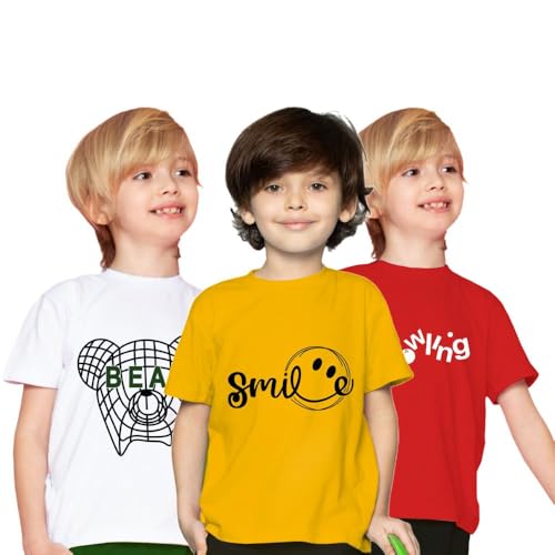 Image of Yazh Texworld Boys Round Neck Blended Cotton T-Shirts | Regular Fit | Half Sleeve | Casual Wear | Trendy | Combo Pack of 3 | Multicolor | Soft, Durable, and Stylish for Everyday use