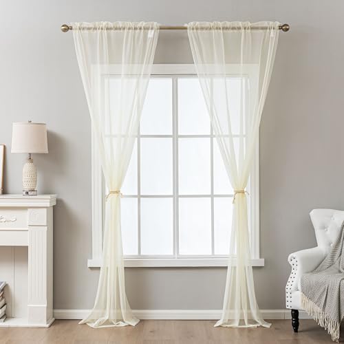 Image of Ivory Sheer Curtains 54 Inch Length, Privacy Semi Sheer Curtains for Dining Room Kitchen, Light Filtering Rod Pocket Voile Window Drapes 2 Panels Set, Each 42 inch W x 54 inch L