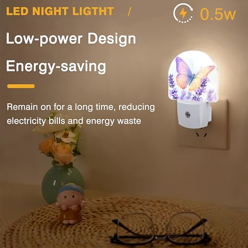 Image of Night Lights Plug into Wall Butterfly on Lavender Flower Night Light Dusk to Dawn Smart Sensor Decorative Round Led Lamp for Bedroom Kitchen Hallway Nightlight for Women Men