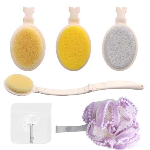 VOSSOT 3-in-1 Spazzola per Lavare la Schiena con Manico Lungo, con Spugna Doccia e Gancio da Parete, Spazzola Schiena Pieghevole Applicatore Crema Schiena e Piedi, Spugna Schiena Set Cura Corpo