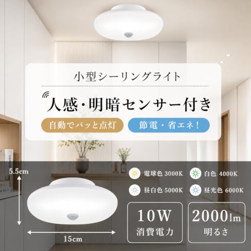 LEDセンサーライト 小型 人感センサー付 シーリングライト 4畳 4.5畳 6畳 8畳 センサーライト室内 屋内 人感 人感センサー付き 明暗センサー LEDライト 小型シーリングライト 照明器具 省エネ 昼光色 昼白色 電球色 ミニシーリング 玄関 廊下灯 自動点灯/消灯 玄関/廊下/台所 節電 工事不要 (昼白色5000K, 8畳 4000lm明るさ /20Ｗ消費電力)