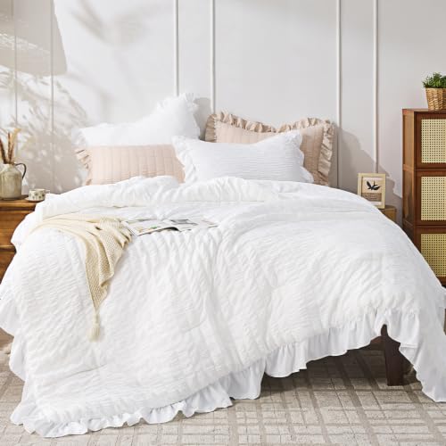 Image of JOLLYVOGUE Bright White Full Comforter Set,3pcs Seersucker Comforters Full
