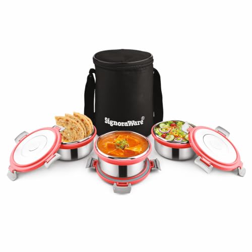Image of Signoraware Meal Mate Stainless Steel Big Lunch Box with Bag (450mlx3, Red)
