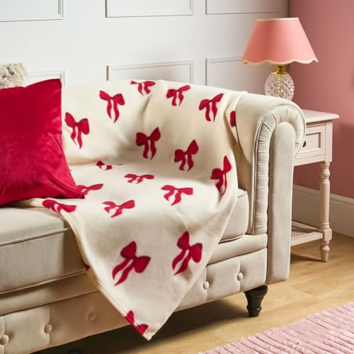 OHS Christmas Blanket Sofa Throw Xmas Decorations Soft Warm Cosy Bow Print Polar Fleece Blanket for Bed Settee Christmas Throw Single Bed Throws Gifts for Women Girls Cream/Red - 120 x 150cm