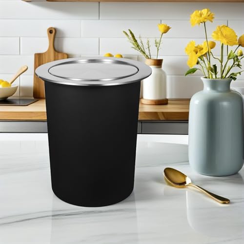 Caneca de basura negra de acero inoxidable con tapa integrada miniatura 6