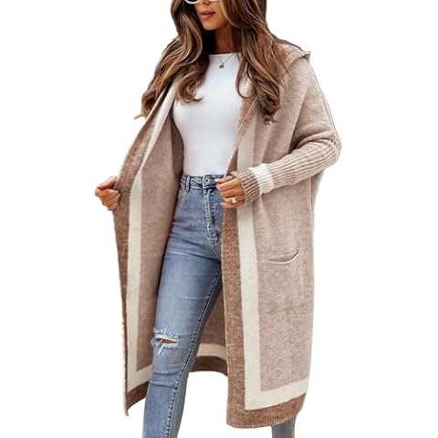 Unilexi Womens Loose Colorful Long Cardigan Sweater Oversized Striped Open Front Hooded with Pockets(0251-Khaki-M) Cover