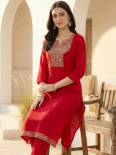 Image of INDO ERA Women's Silk Blend Embroidered Zari Work Straight Kurta & Pant Set | Cord Set For Women