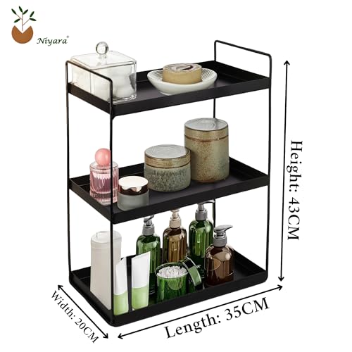 Image of Niyara Iron Metal Heavy Duty Stand 3-Tier multistorage /Multipurpose Standing Rack, Bathroom Countertop Storage Shelf Cosmetic Organizer Holder Kitchen Spice Rack, (Square black rack)