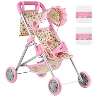 GAGAKU Puppenwagen für Babypuppen - Toy Doll Pram - Faltbarer Spielzeug-Buggy für Mädchen & Kinder ab 3 Jahren mit Speicherkorb & Tasche, Windeln - Accessoires für Reborn Baby, Gänseblümchenmuster