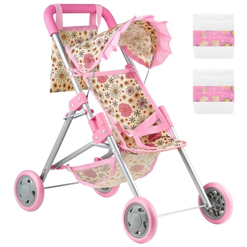 GAGAKU Puppenwagen für Babypuppen - Toy Doll Pram - Faltbarer Spielzeug-Buggy für Mädchen & Kinder ab 3 Jahren mit Speicherkorb & Tasche, Windeln - Accessoires für Reborn Baby, Gänseblümchenmuster