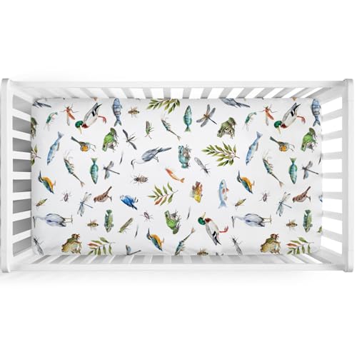 Image of Wildlife Pond Baby Crib Sheets 52''x28'' Wild Animals Frogs Duck Fish Bird Weeds Snug Fitted Crib Mattress Cover for Boy Girl Fishing Hunting Soft Nursery Bed Sheet for Standard Crib Toddler Mattress