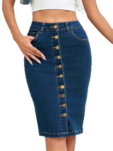 Women's Casual High Waist Denim Skirt Slit Stretch A Line Mid Rise Long Jean Skirt2