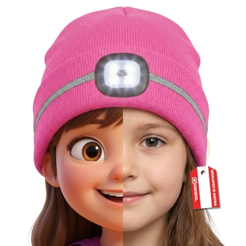 Gebol Haube LED Kinder 1 Stück Beanie mit Licht & Reflektionsstreifen für Sicherheit USB wiederaufladbar Wintermütze mit 4 Leuchtmodi Universalgröße pink