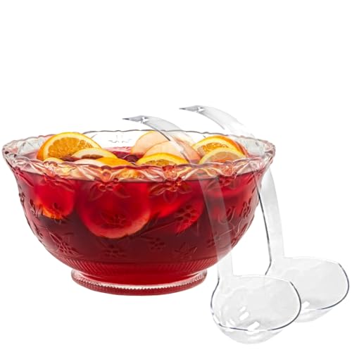 PARTIFINA 1 Large Plastic Punch Bowl with 2 Ladles, Clear Embossed Glass-Like 3-Gallon (12-Quart) Disposable Punch Bowl with 5 oz Plastic Ladle for Parties, Events, Punch Juicy, Snacks, and Fruits