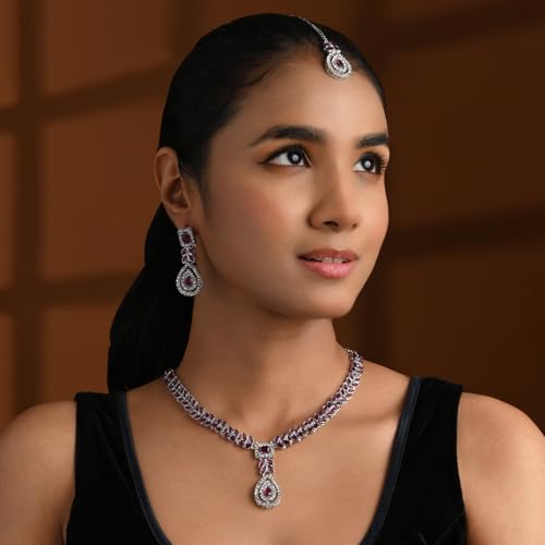 Image of I Jewels Silver Plated Elegant Leaf Motif Necklace Set with Earrings & Maang Tika for Women