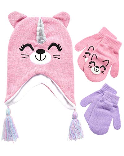 Girls Critter Winter Hat and 2 Pair Gloves or Mittens (Toddler/Little Girls)