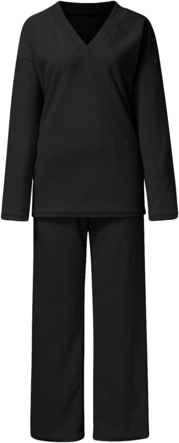 Conjunto de pijama de forro polar de 2 piezas para mujer, suéter de manga larga con cuello en V, pantalones de pierna ancha, ropa de descanso y ocio