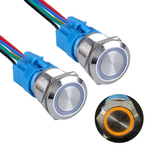 Image of 2pcs 22mm Metal Anti-Vandal Latching Push Button Switch Silver Shell with Pigtail for 7 /8 inch Mounting Hole, 12V-24V ON Off 5Pins 1NO 1NC Halo Ring LED Light Orange