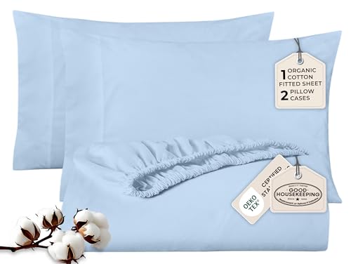 Image of Royale Linens Fitted Sheet With Pillowcases - King Fitted Sheets With 2 Pillowcases - 300 Thread Count 100% Organic Cotton - Fit Mattress Up to 18 inch Deep - Soft & Breathable - Lake Blue (No Flat Sheet)