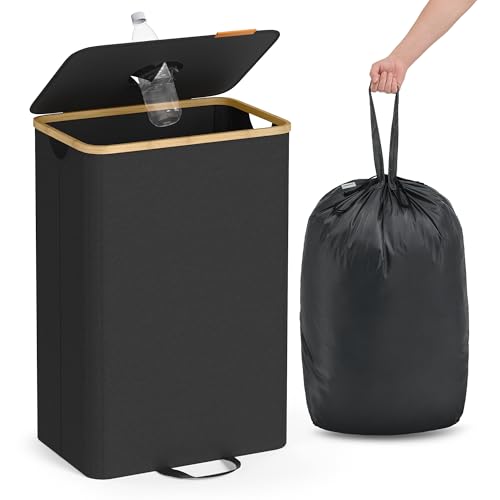 SONGMICS Poubelle de Recyclage pour Bouteilles et Canettes, 95 L, Collecteur d’Emballage de Boisson, avec Trou, Couvercle, Sac avec Poignées, Cuisine, Noir...
